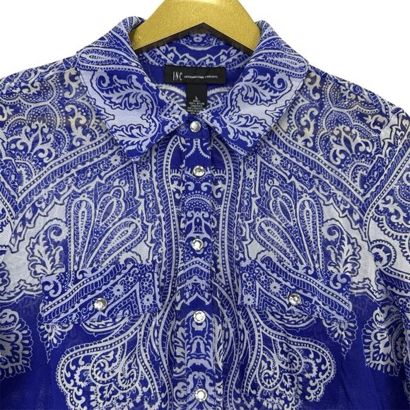 VTG Y2K Fairy Grunge Paisley Mesh Button Front Top Large White Blue Long Sleeve - Picture 4 of 8